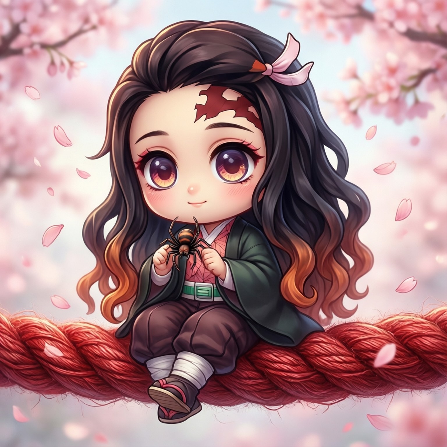 Cute Chibi Rui with Spider 壁紙 — 一個深色頭髮、額頭有標記的Q版動漫女孩坐在一條粗紅繩上，拿著一隻蜘蛛，周圍有飄落的櫻花。