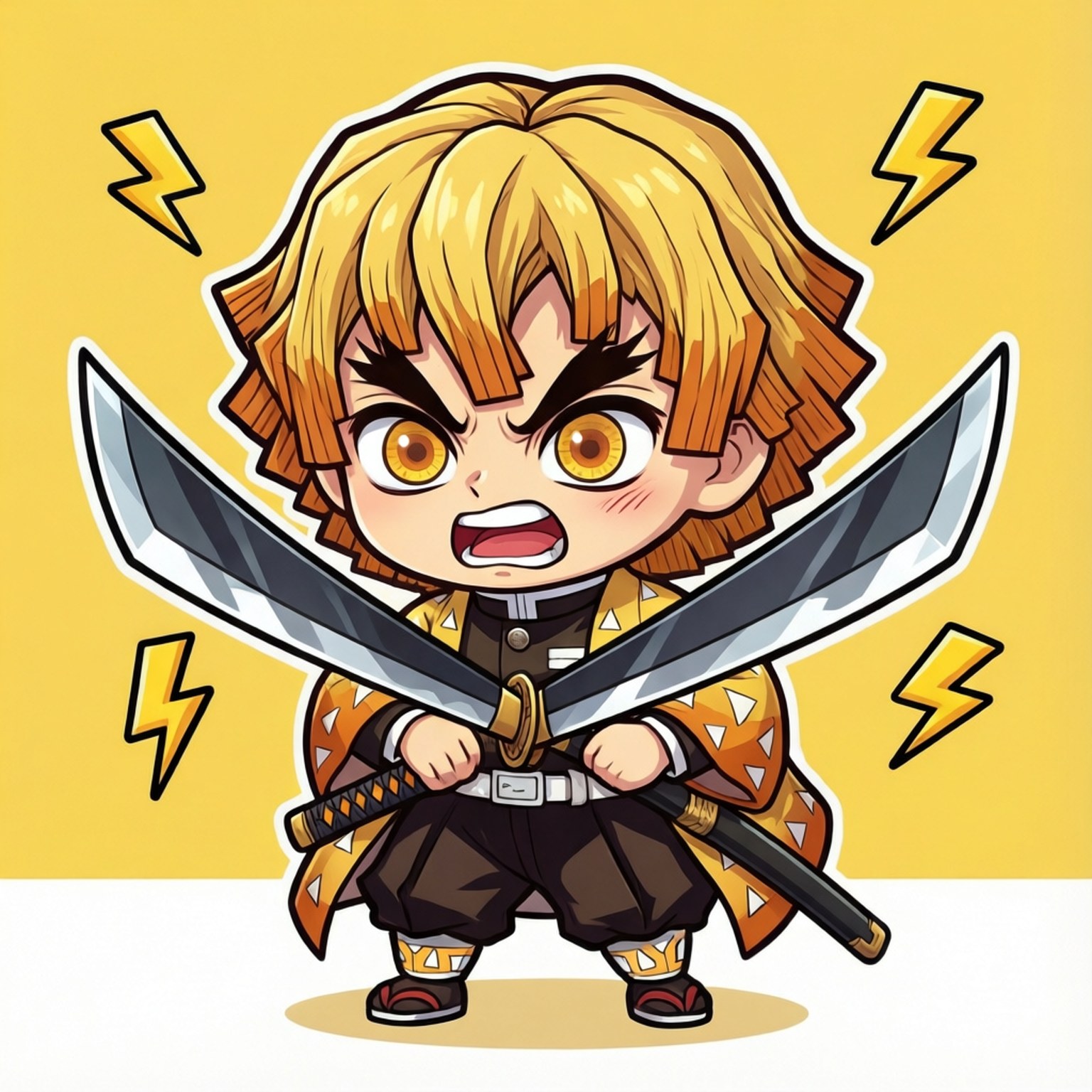 Chibi Thunder God 壁紙 — 一個金髮黃眼的Q版動漫戰士，在明亮的黃色背景上握著兩把交叉的劍，背景有閃電。