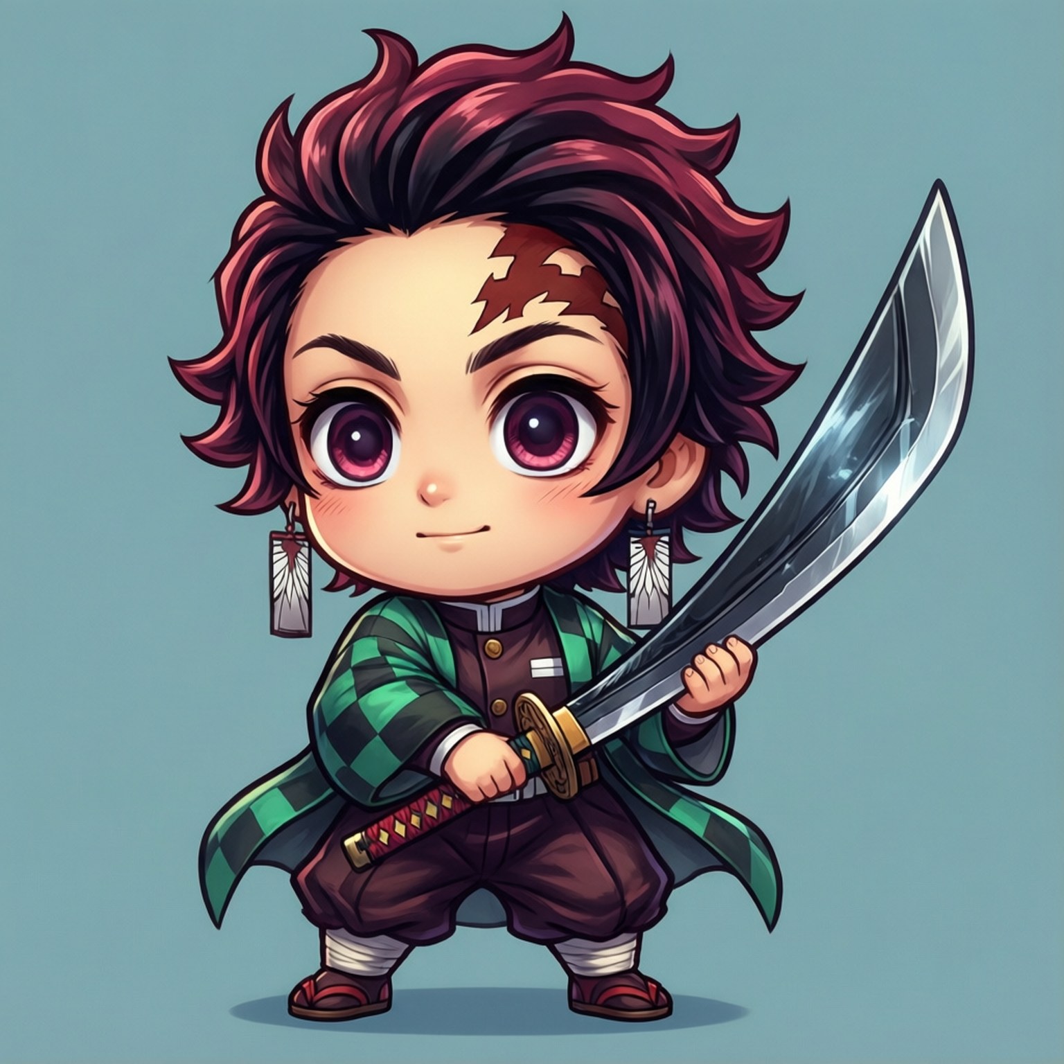Chibi Zenitsu Big Katana 壁紙 — 一個有尖刺紅髮和紫色眼睛的Q版動漫戰士，穿著綠色格紋羽織，手持一把大彎刀。