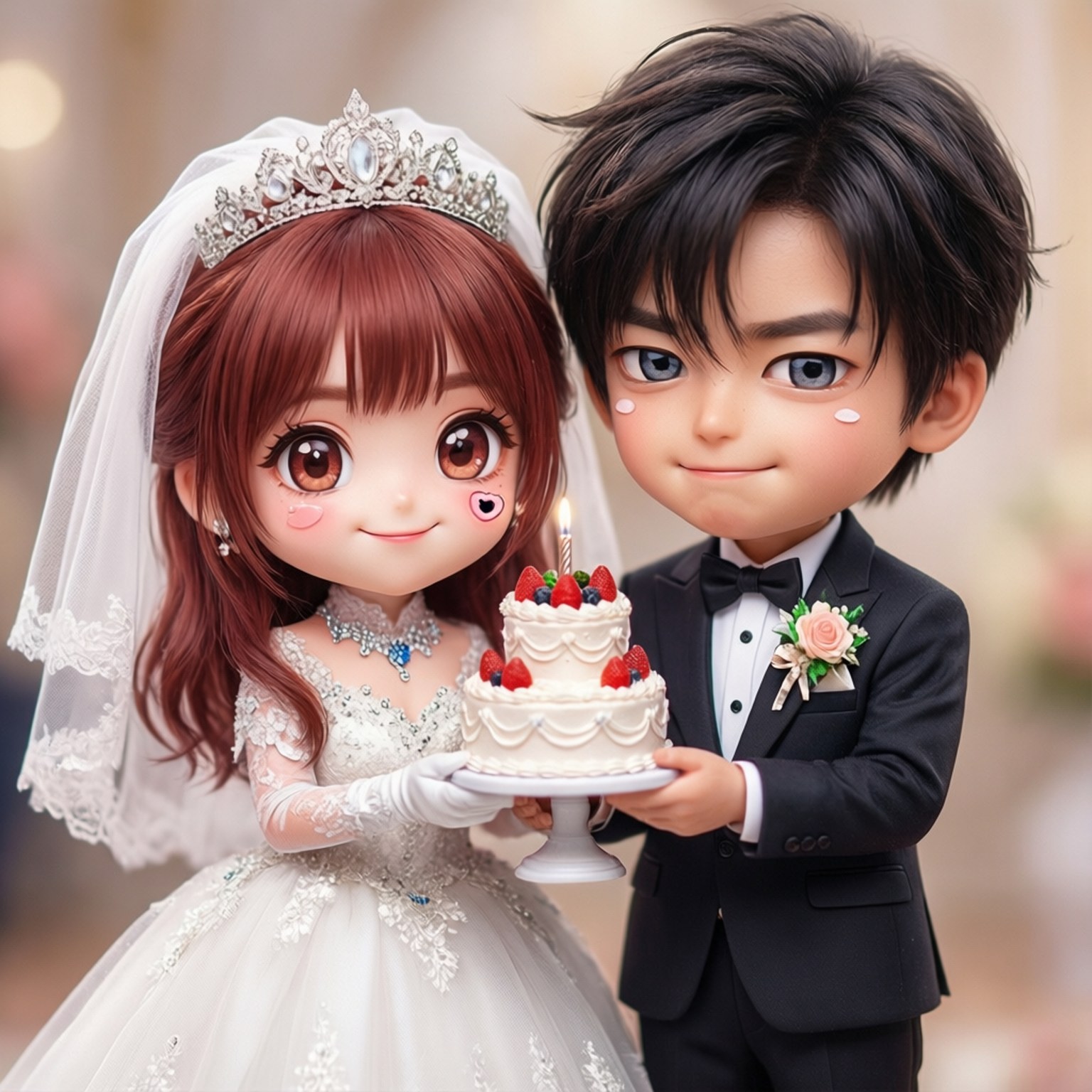 會長是女僕大人 桌布 壁紙 — Q版動漫婚禮情侶微笑著拿著一個有一根蠟燭的草莓蛋糕。
