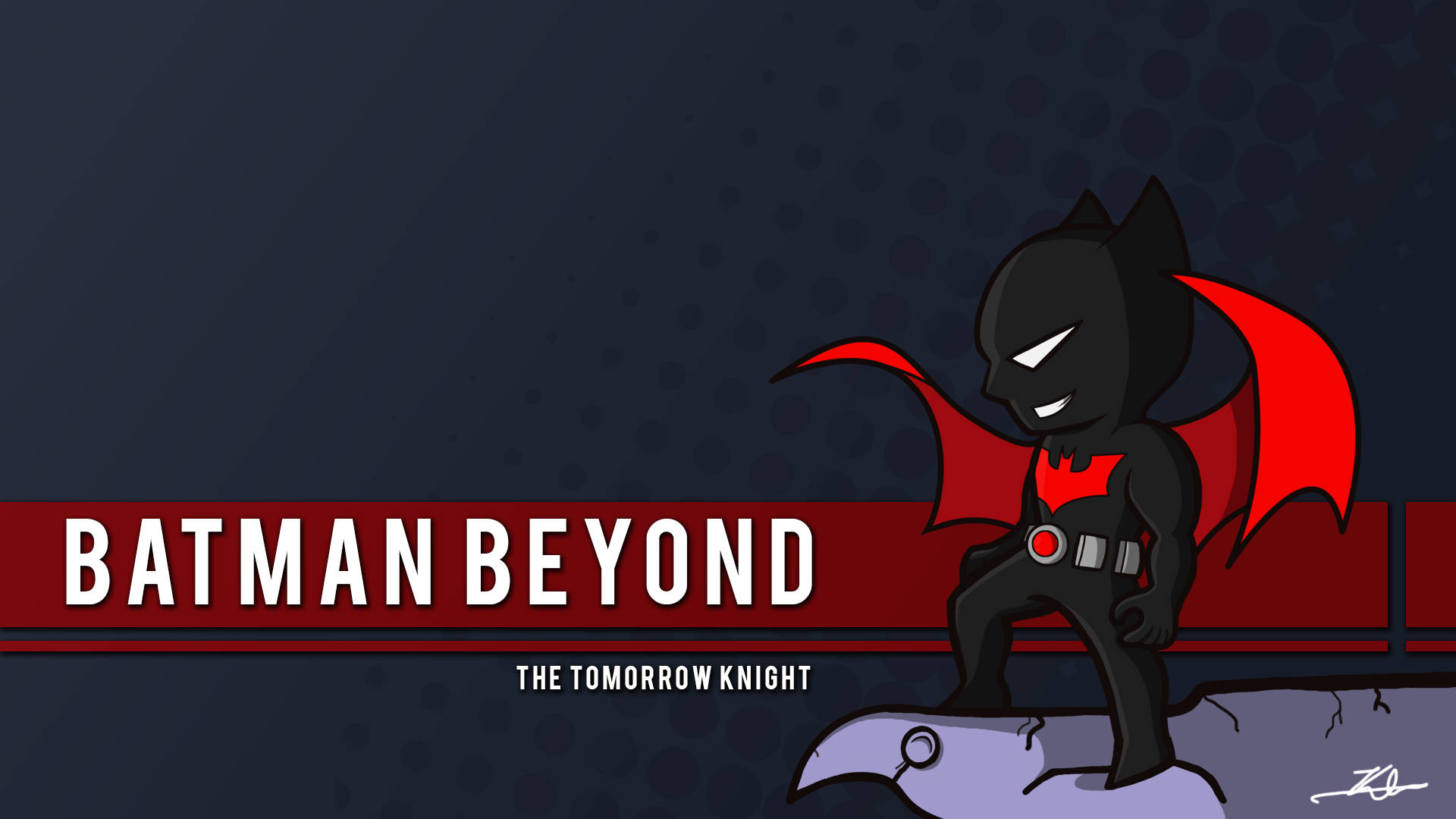 未來蝙蝠俠 桌布 壁紙 — Chibi Batman Beyond 自信地棲息在窗台上，背景為深藍色圓點，並有粗體紅色標題文字。