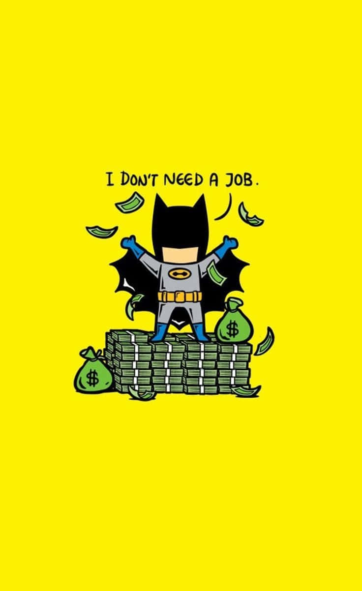蝙蝠俠 桌布 壁紙 — Chibi Batman 勝利地站在一堆現金上，錢袋和鈔票在他周圍飛舞，背景是明亮的黃色。
