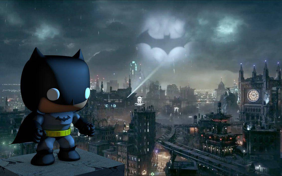 pop 桌布 壁紙 — Chibi Batman 站在屋頂上，俯瞰雨中的高譚市天際線，暴風雲中有一個發光的蝙蝠標誌。