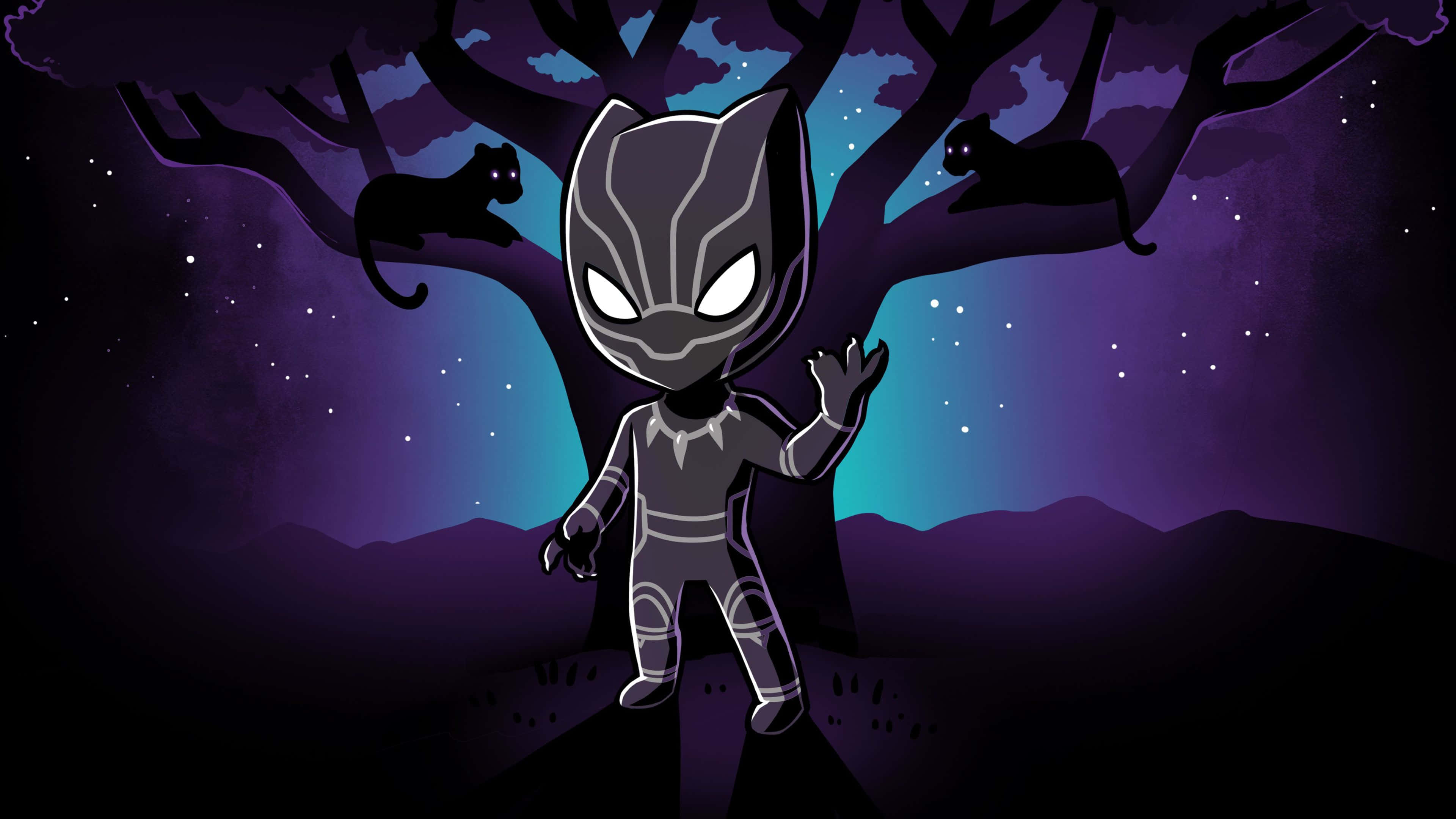 Cute Black Panther 桌布 壁紙 — Chibi Black Panther 站在繁星點點的紫色天空下，兩隻貓棲息在他上方的樹枝上。