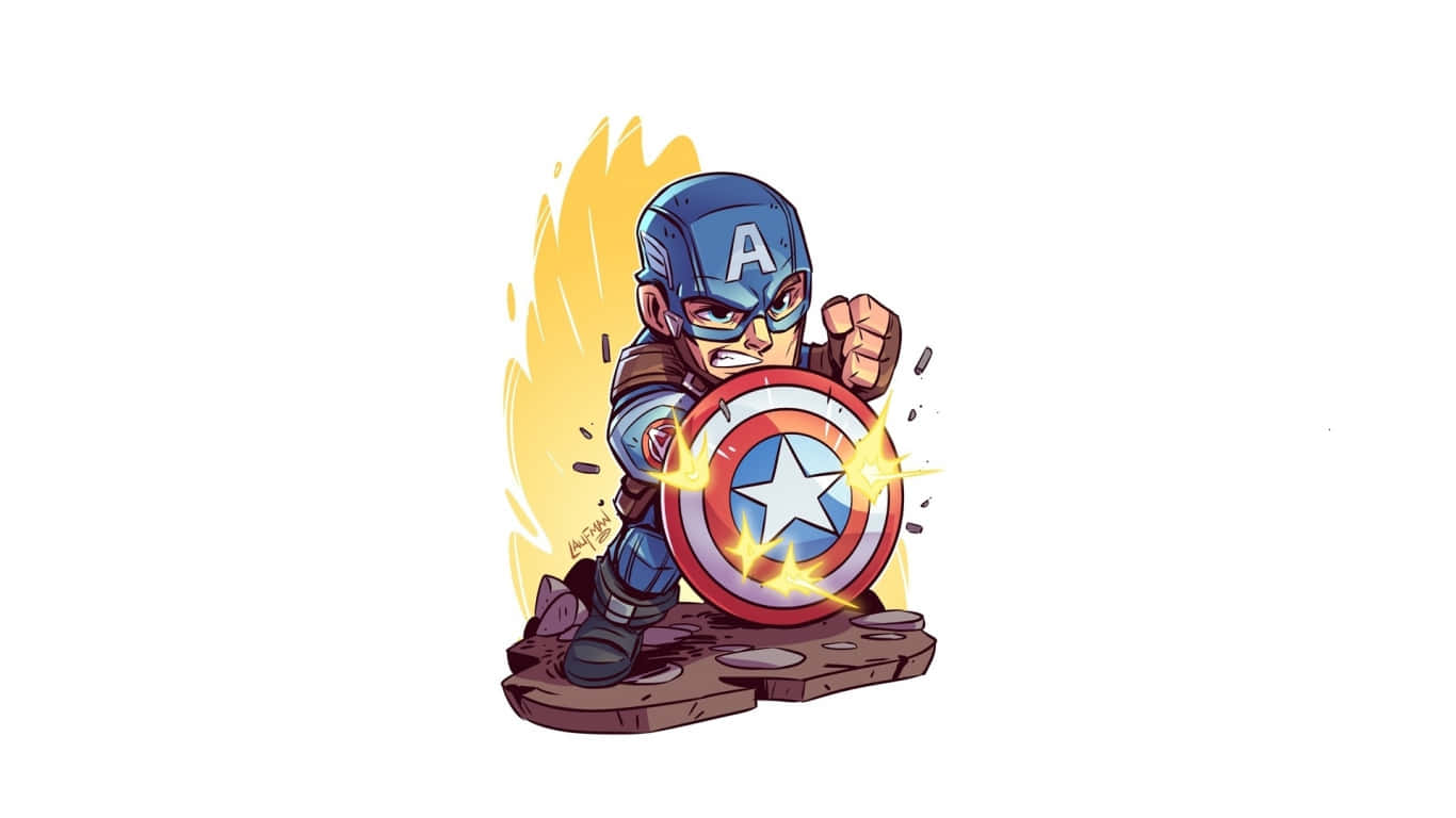 超級英雄 桌布 壁紙 — Chibi Captain America 挑釁地站在岩石底座上，手持盾牌，身後金色能量爆發。