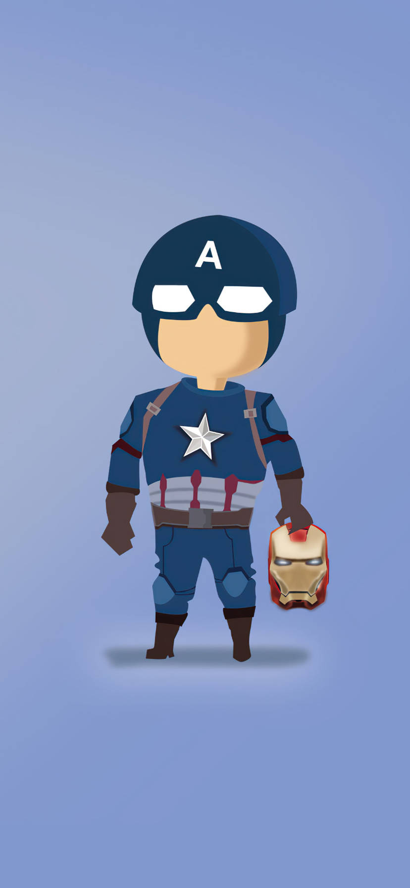 marvel iPhone xr 桌布 壁紙 — Chibi Captain America 站立著，手持 Iron Man 的頭盔，背景為柔和的藍色漸變。