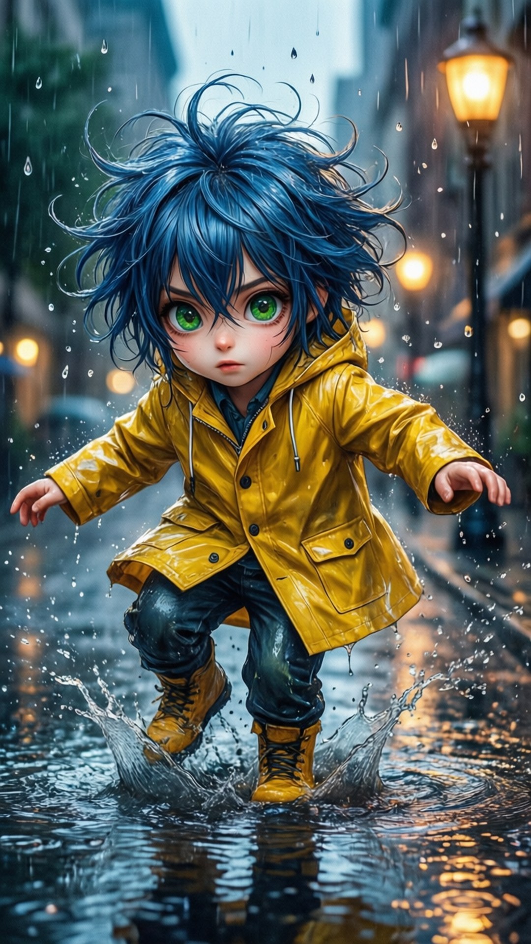 Rainy Day Splash 壁紙 — 一個藍髮綠眼的Q版小孩穿著黃色雨衣在濕漉漉的城市街道上跳躍，濺起水花。