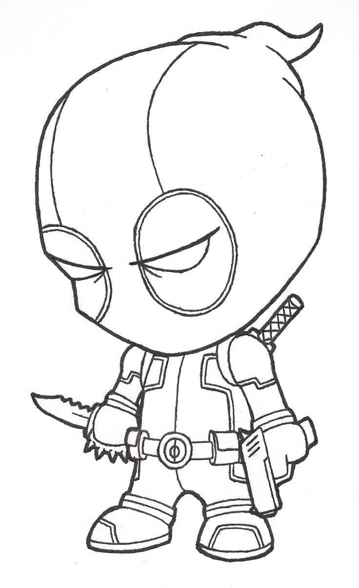 酷炫繪畫 桌布 壁紙 — Chibi Deadpool 以簡單的黑白線條藝術風格，自信地擺出持刀和持槍的姿勢。