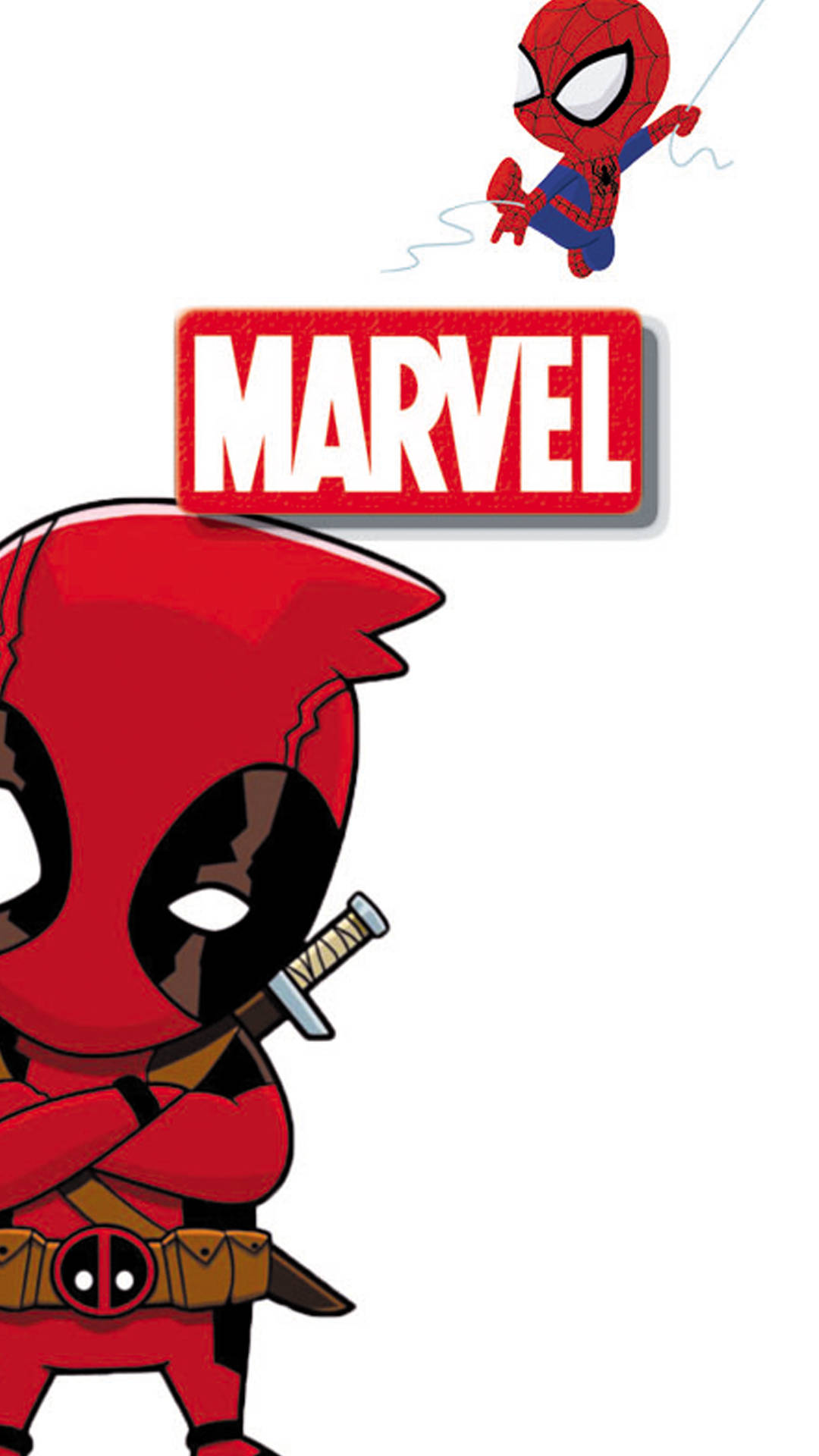 蜘蛛人 桌布 壁紙 — Chibi Deadpool 和蜘蛛人以Marvel標誌風格呈現，在純色背景上使用大膽的紅色和白色。
