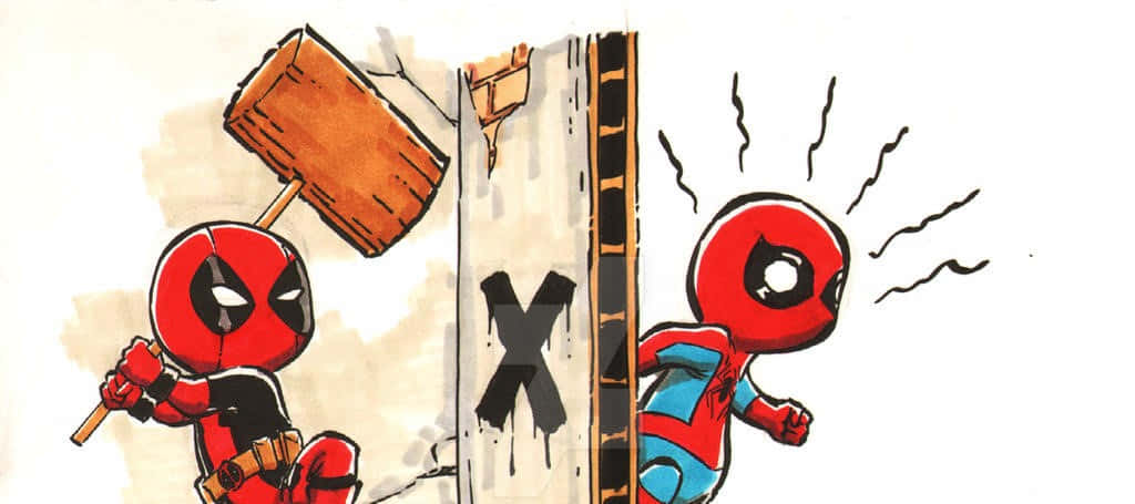 Deadpool And Spiderman 桌布 壁紙 — Chibi Deadpool 用錘子砸門，蜘蛛人在另一邊看起來很震驚。