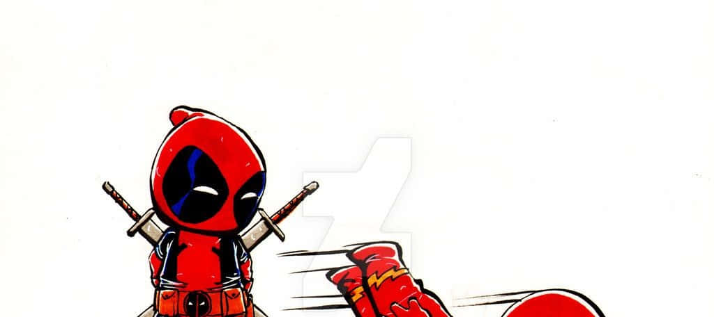 Deadpool Cartoon 桌布 壁紙 — Chibi Deadpool 身穿紅色戰衣，手持兩把劍，一隻戴紅色手套的拳頭正向他揮來，背景為白色。