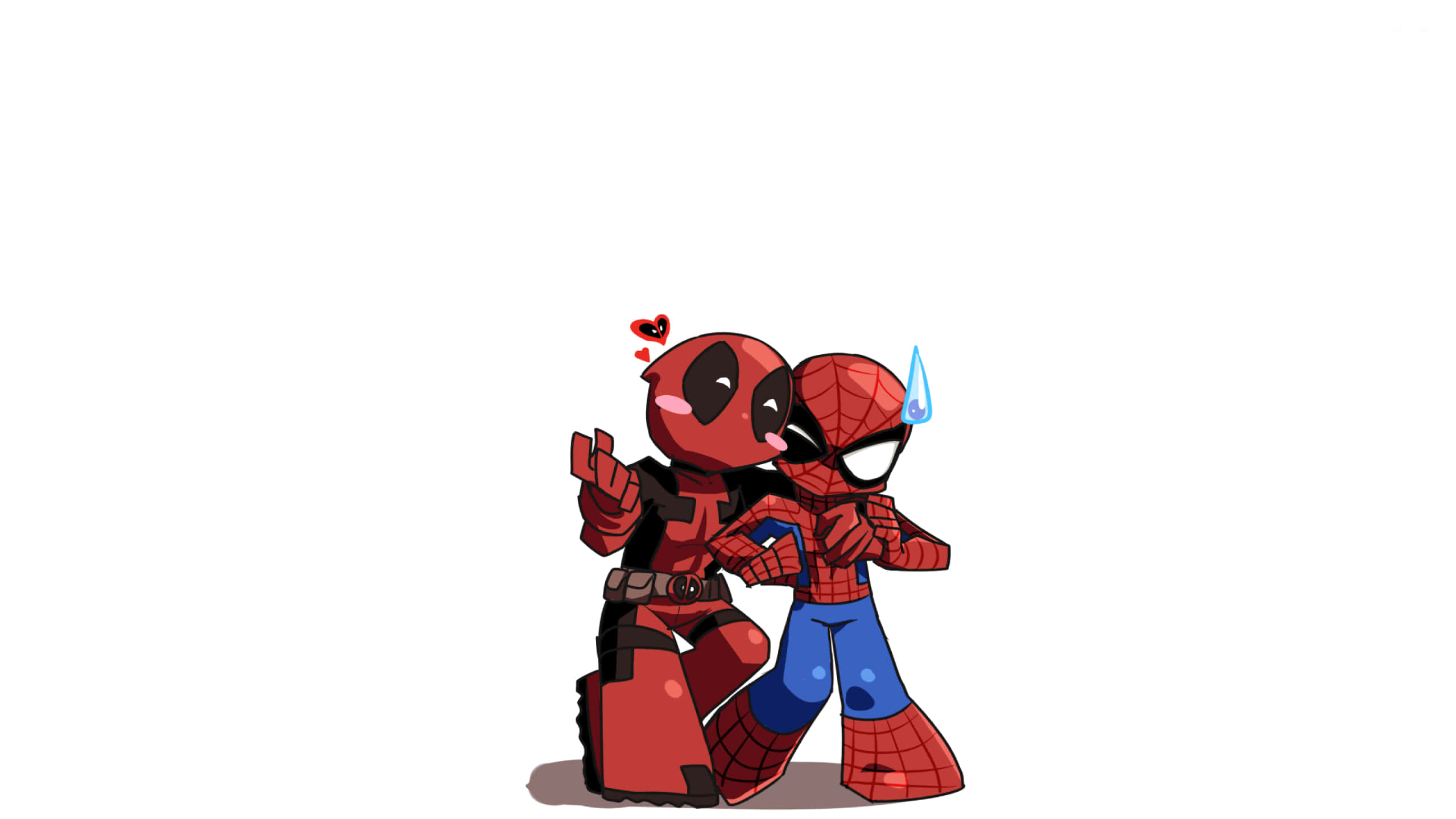 桌布 壁紙 — Chibi Deadpool 頑皮地擁抱蜘蛛人，蜘蛛人看起來很慌張，有一滴汗和愛心漂浮在上方。