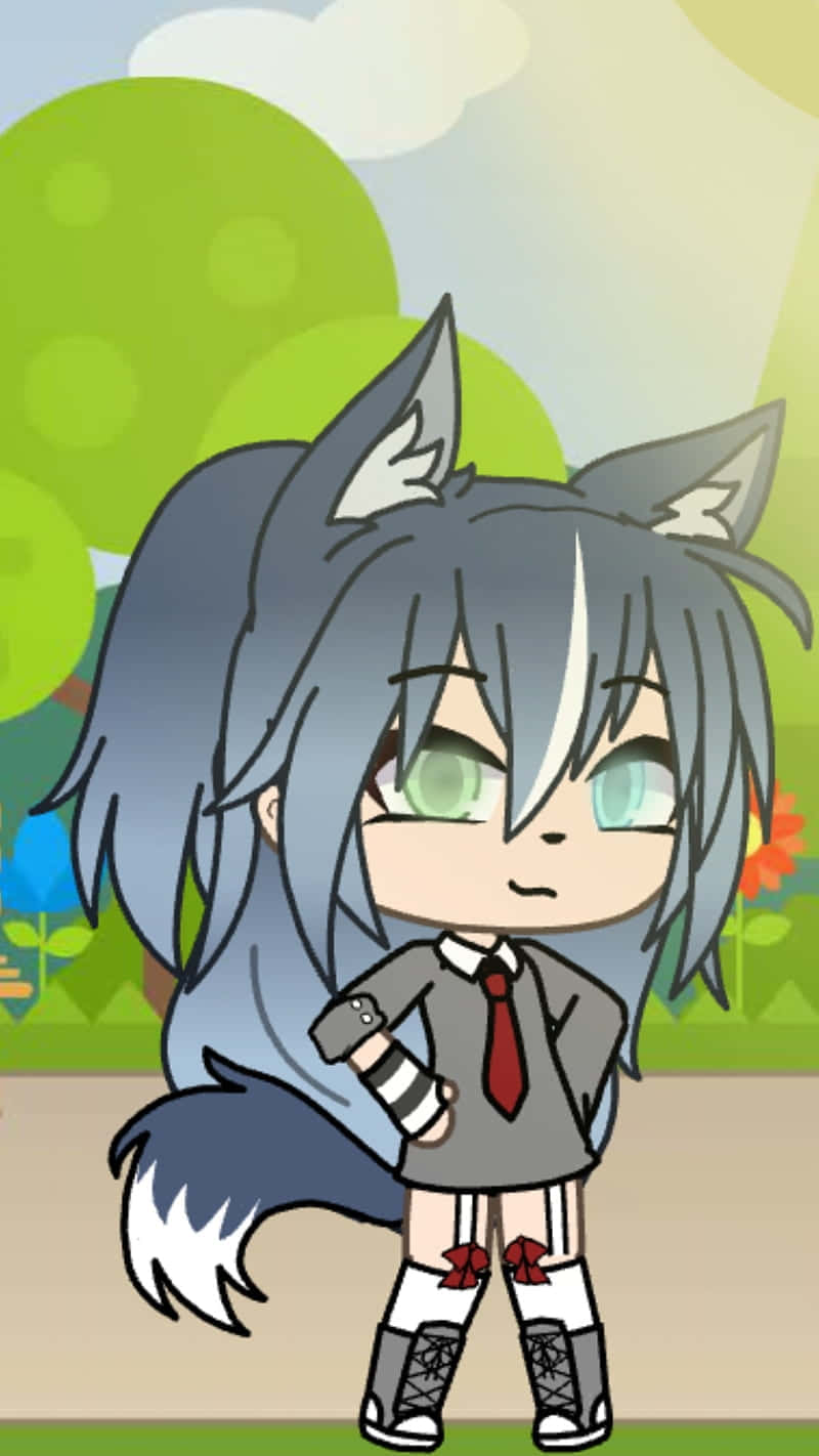  壁紙 — 一個灰髮綠眼的chibi動漫狼女孩，自信地穿著校服，背景是明亮的綠色散景。