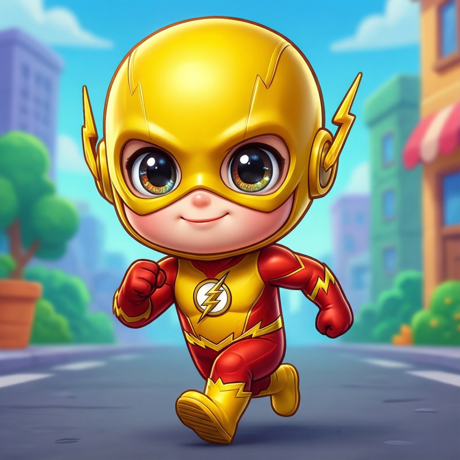 Chibi Speedster 壁紙 — 一個紅金色的Q版閃電俠超級英雄在陽光明媚的城市街道上快樂奔跑，背景有卡通建築物和樹木。