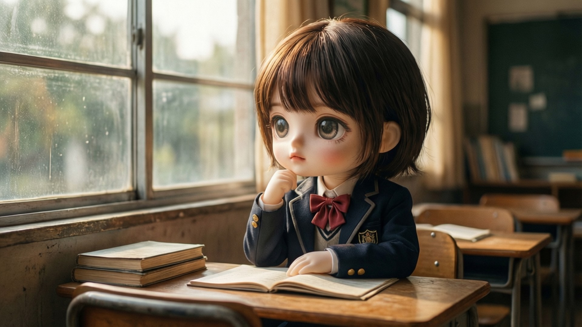 School Day Dreams 壁紙 — 一個穿著校服的Q版女孩坐在陽光普照的教室裡的木桌前，若有所思地凝視著佈滿雨點的窗外。