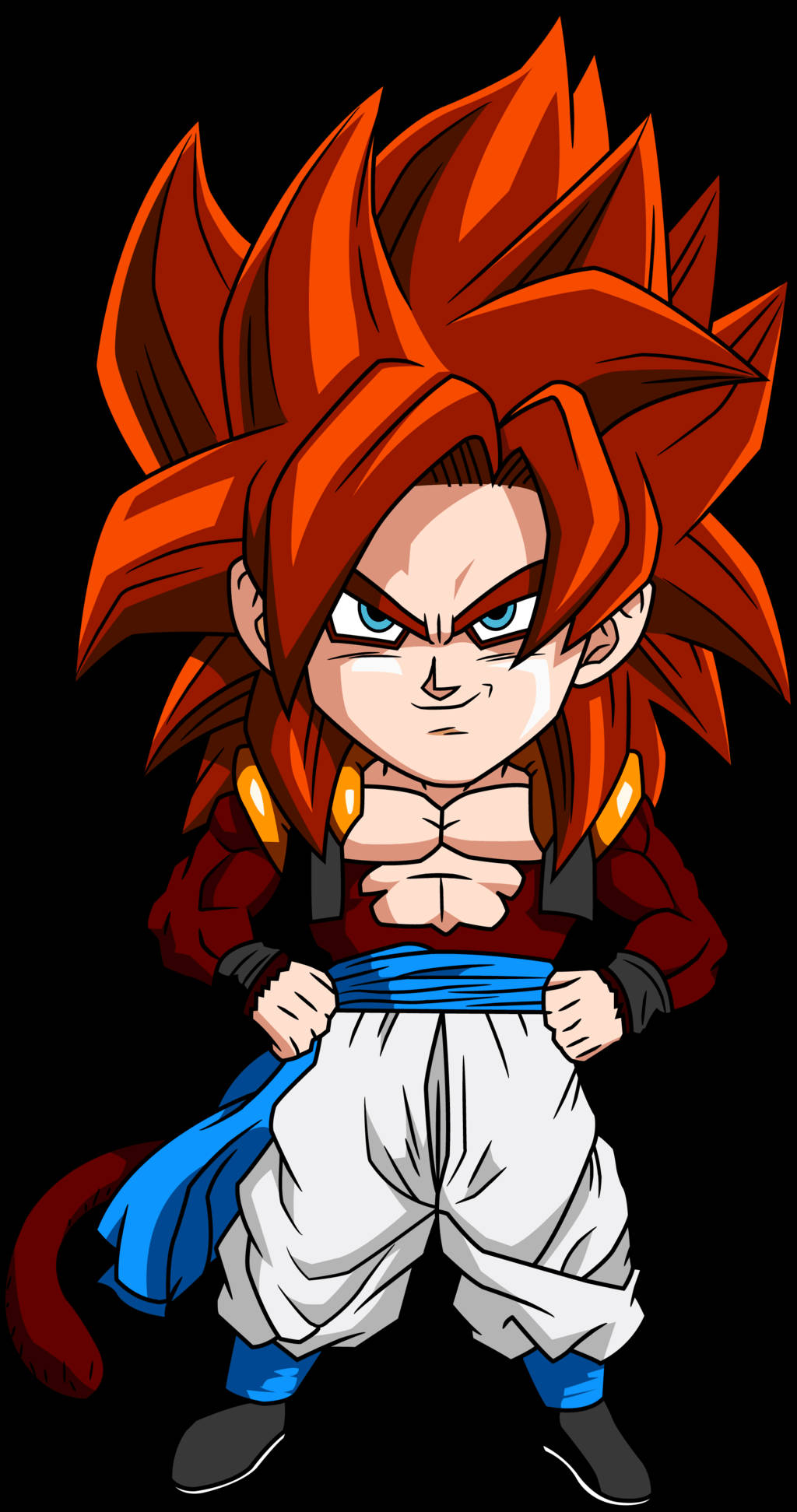 超4悟吉塔 桌布 壁紙 — Chibi Goku 以超級賽亞人神形態，擁有火熱的橙色頭髮和強烈的藍色眼睛，自信地站在黑色背景前。