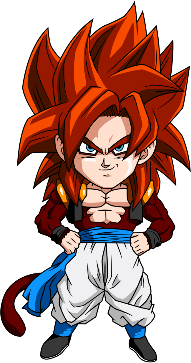 龍珠 桌布 壁紙 — Chibi Goku 以超級賽亞人神型態，帶著熾熱的橙色頭髮和強烈的藍色眼睛，自信地站在黑色背景前。
