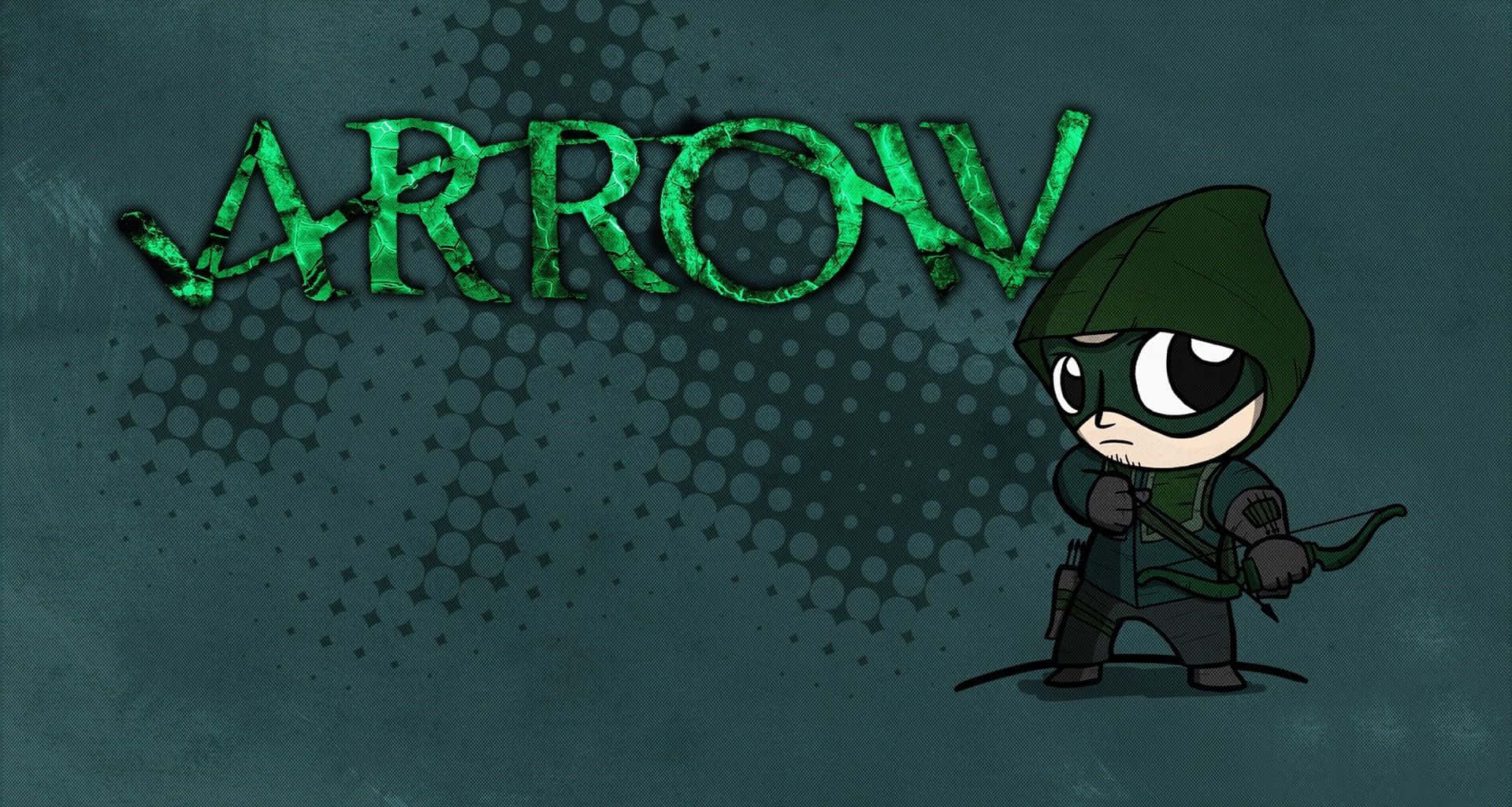 綠箭俠 桌布 壁紙 — Chibi Green Arrow 準備好弓箭，站在有紋理的青綠色背景上，下方是風格化的綠色 'ARROW' 標誌。