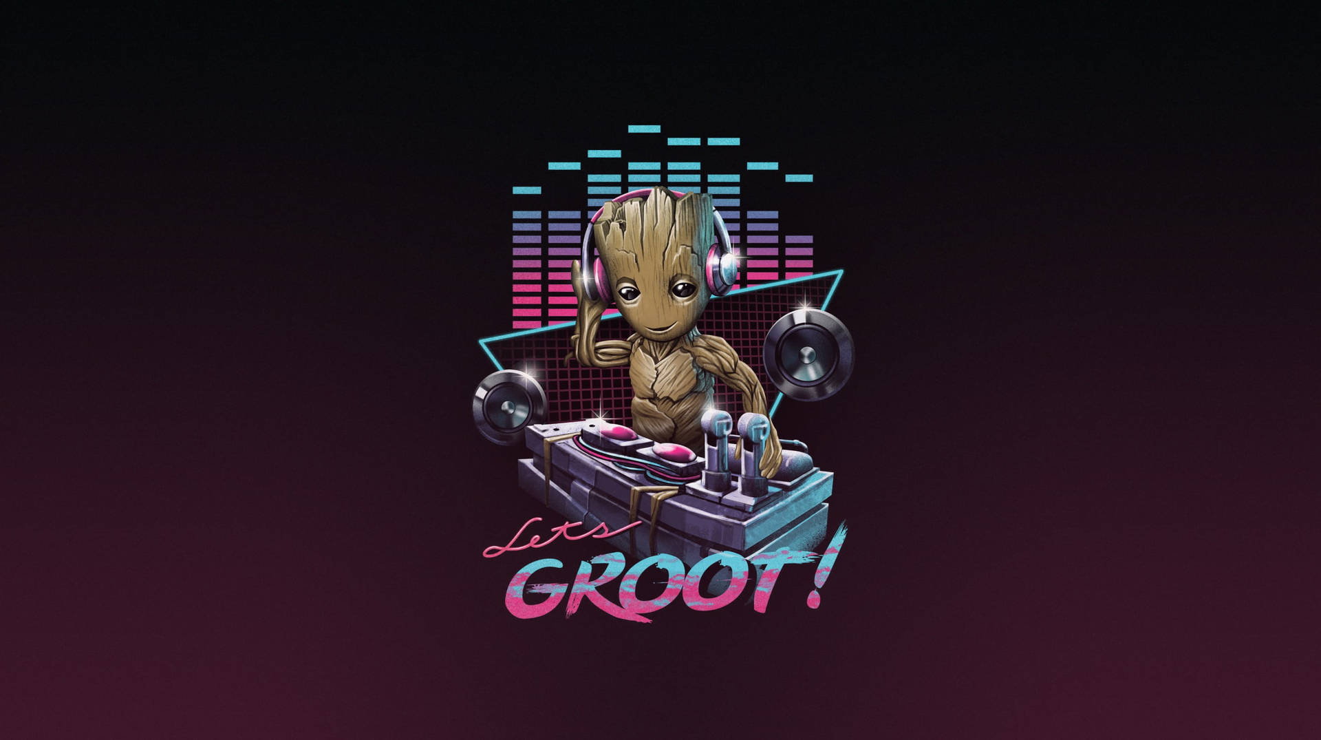 Groot 戴著耳機，在DJ打碟台上混音，背後有發光均衡器。 — 格魯特 GIF 壁紙