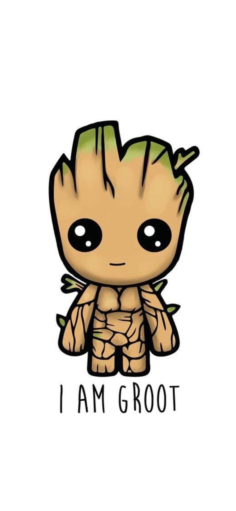 marvel iPhone xr 桌布 壁紙 — Chibi Groot 站在純白色背景上，眼睛大大，下方有 'I AM GROOT' 文字。