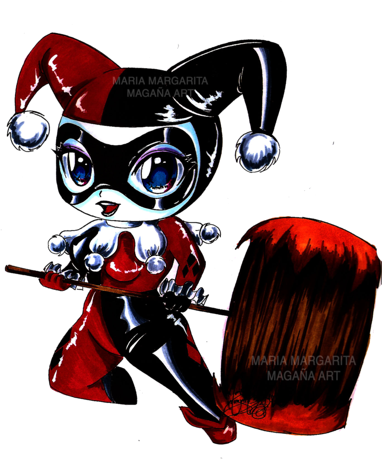 哈莉·奎茵 桌布 壁紙 — Chibi Harley Quinn 身穿紅黑小丑服，在純黑背景下揮舞大槌。