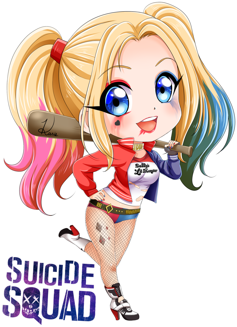 哈莉·奎茵 桌布 壁紙 — Chibi Harley Quinn 彩色辮子和棒球棍在黑色背景上愉快地微笑。