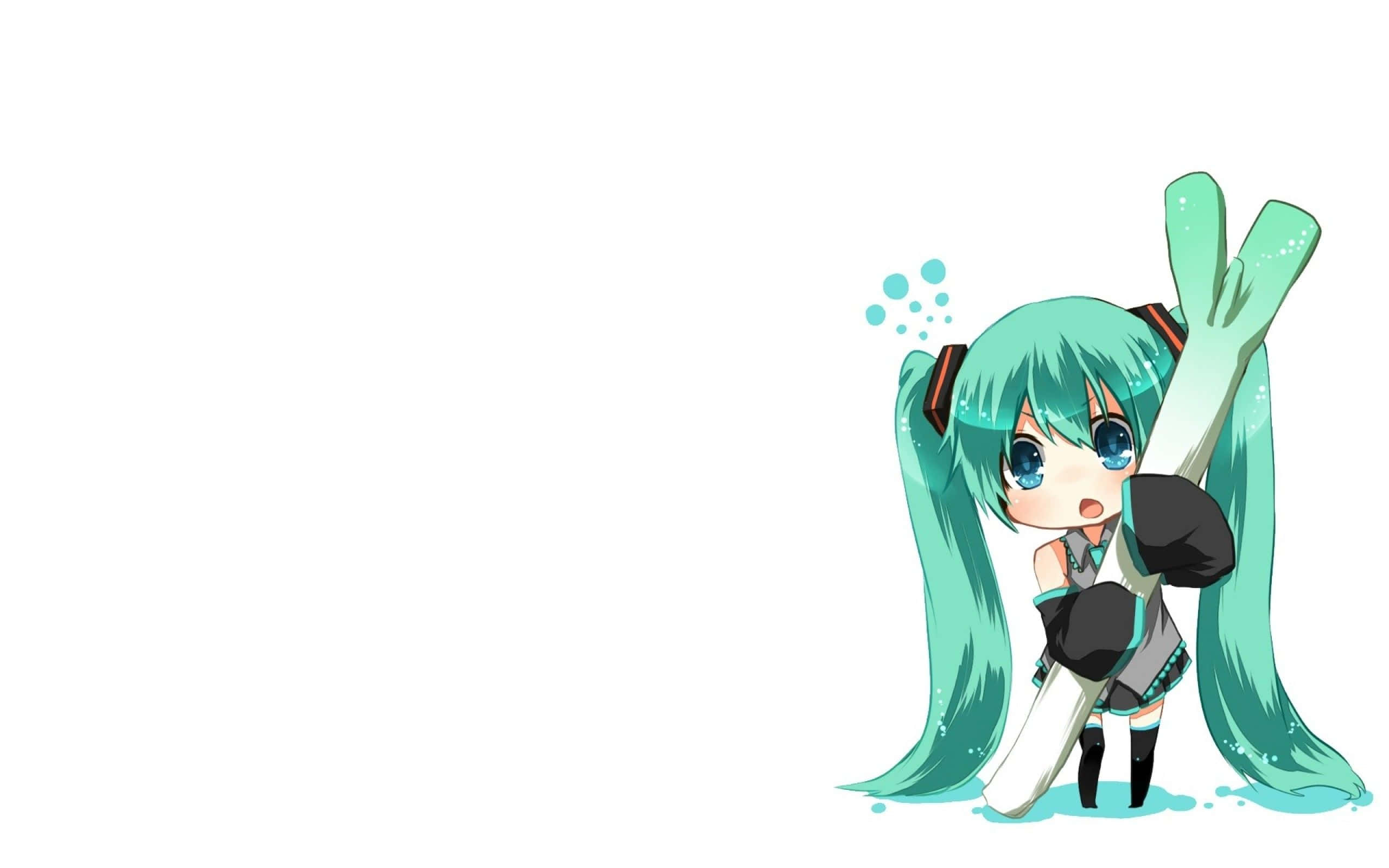 Q版動圖 桌布 壁紙 — Chibi Hatsune Miku 紮著藍綠色雙馬尾，在純白色背景前以俏皮姿勢拿著滑雪板。