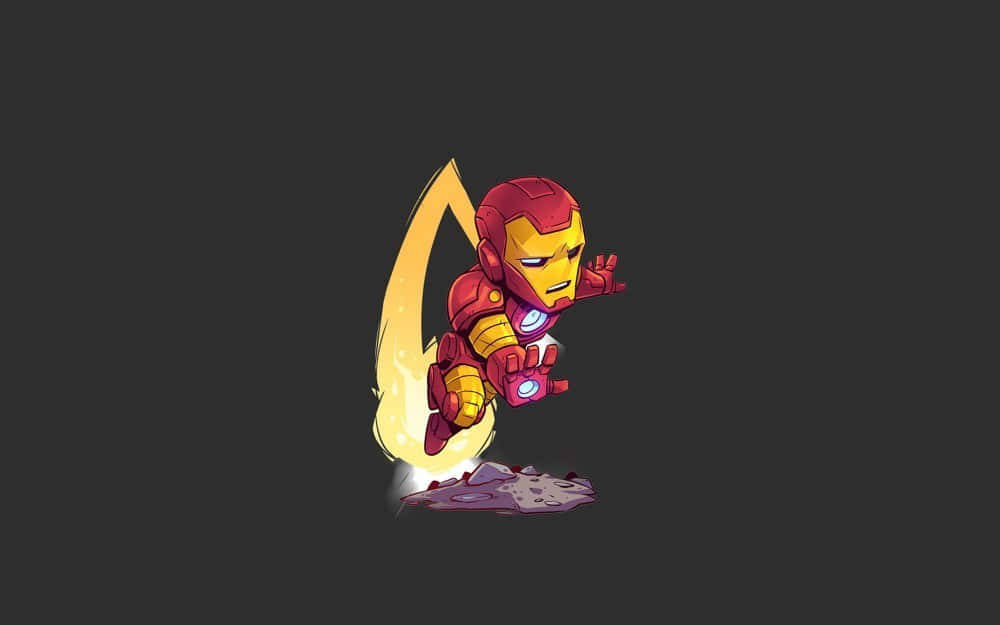 Iron Man Fan Art 桌布 壁紙 — Chibi Iron Man 向前飛行，帶有發光的斥力炮和火焰軌跡，背景為深色。
