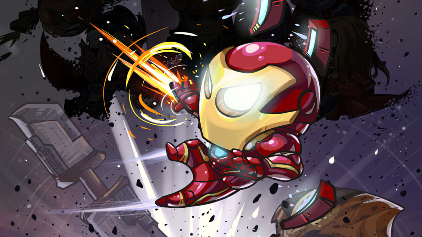 1366x768 Iron Man 桌布 壁紙 — Chibi Iron Man 在動態漫畫動作場景中，於破碎的碎片中發射斥力脈衝。
