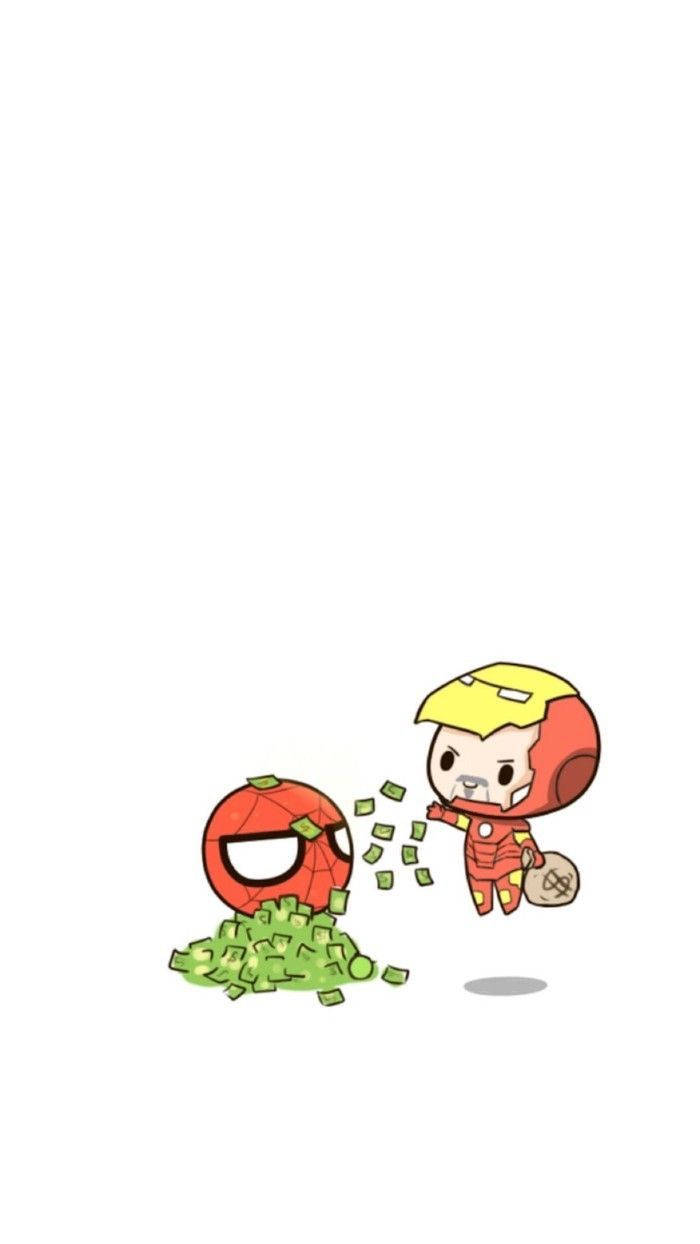 蜘蛛人 桌布 壁紙 — Chibi Iron Man 將綠色鈔票扔向一個驚訝的蜘蛛人頭附近的堆疊。