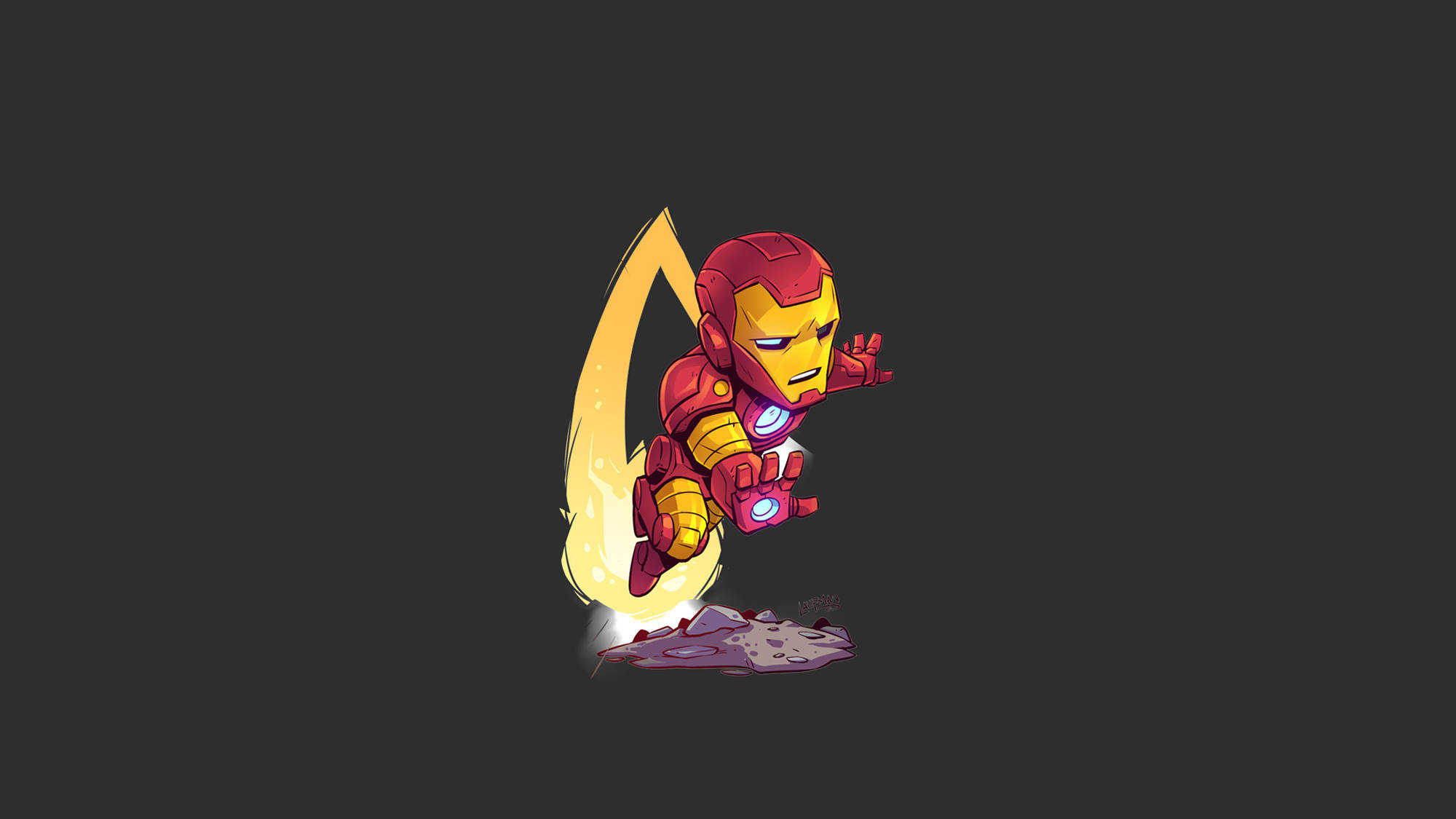 Iron Man Logo 桌布 壁紙 — Chibi Iron Man 身穿紅色和金色盔甲，在深灰色背景下用火焰噴射背包起飛。