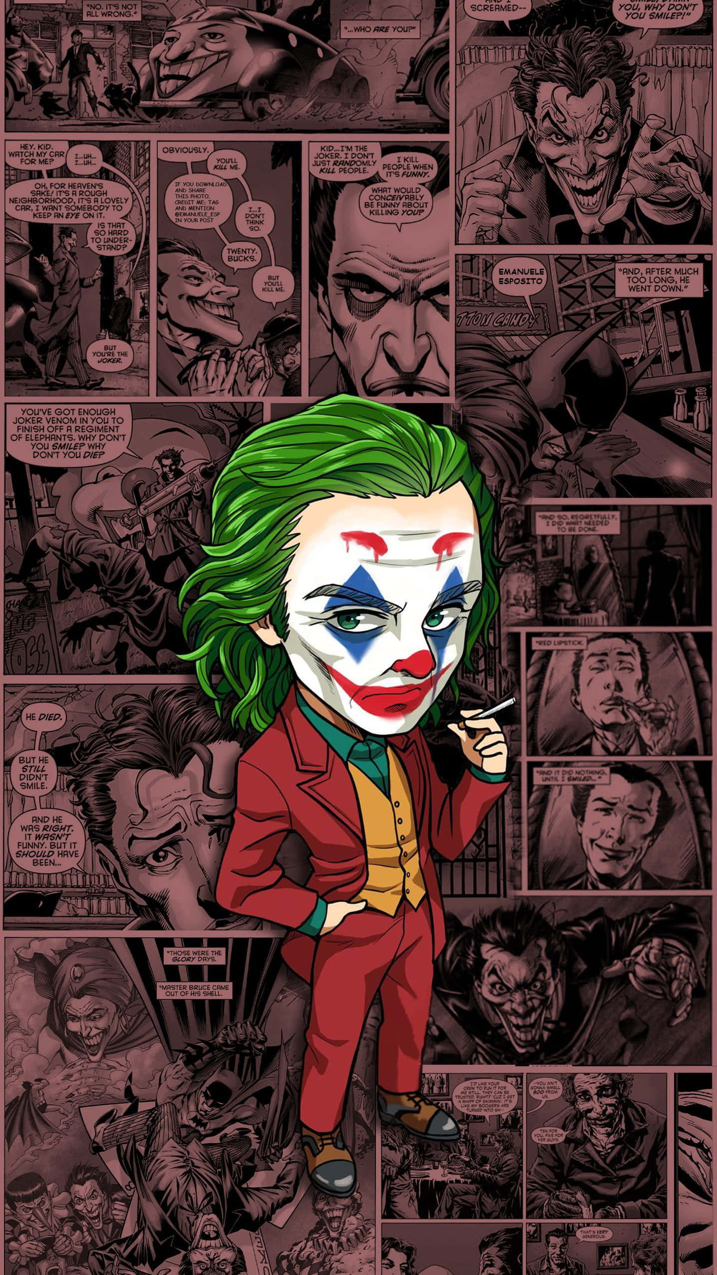 Joker Comic 桌布 壁紙 — Chibi Joker 身穿紅色西裝，叼著煙，在展示他混亂場景的漫畫面板背景前冷笑。