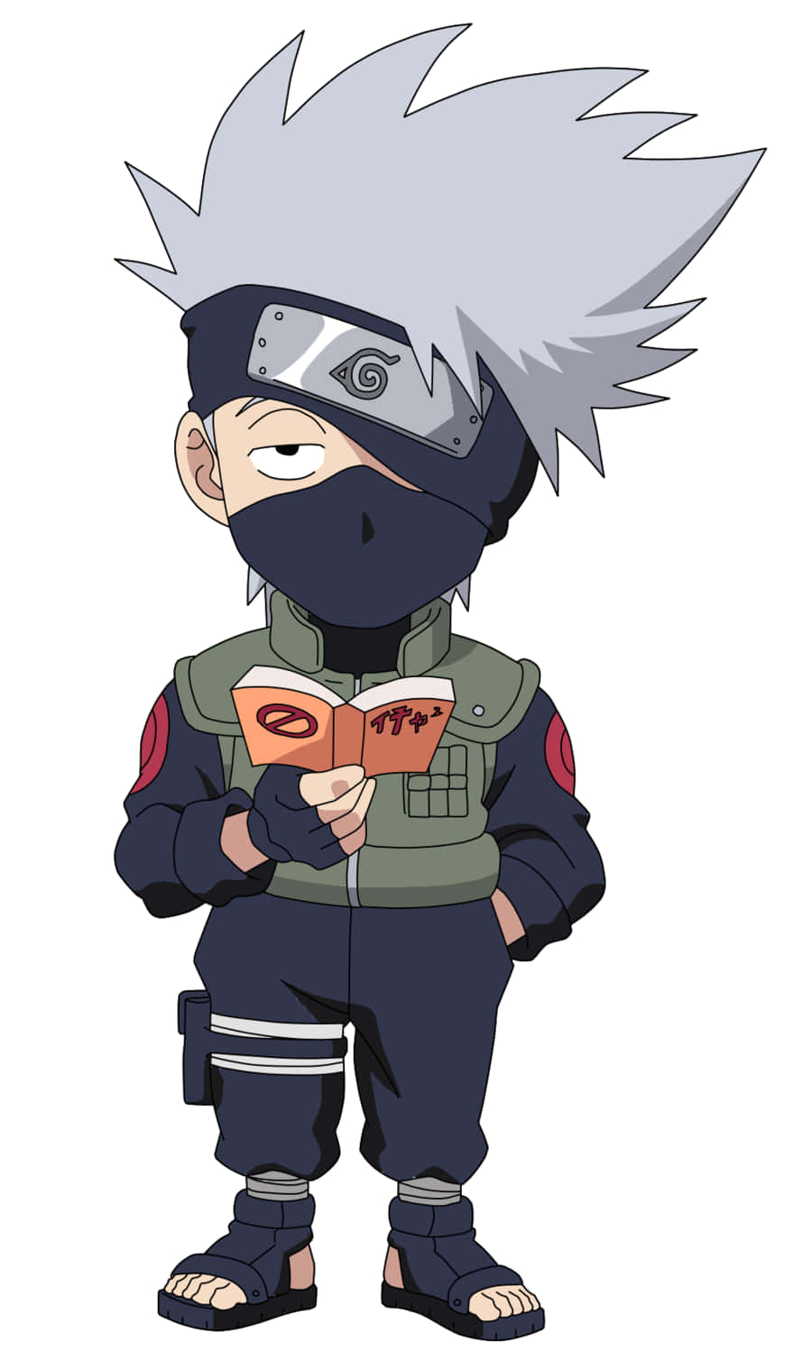 卡卡西 桌布 壁紙 — Chibi Kakashi Hatake 穿著忍者裝備，一隻眼睛可見，在純白色背景前看書。