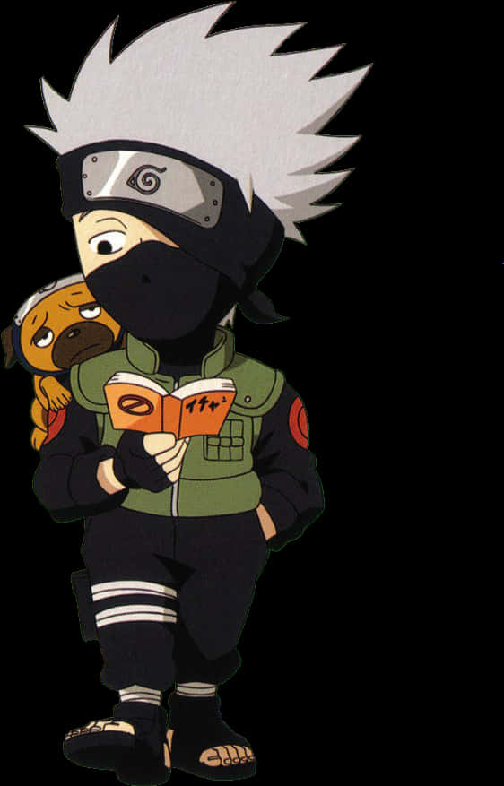 動漫 桌布 壁紙 — Chibi Kakashi 在黑色背景前抱著一隻傷心的小狗看書。