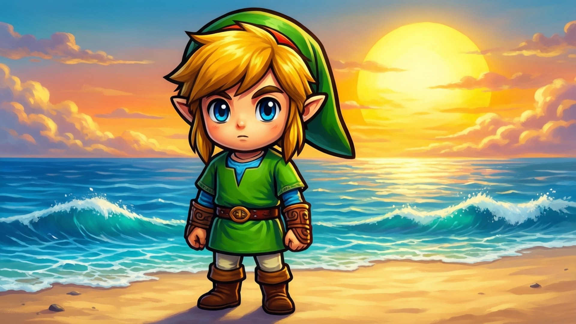 Toon Hero 壁紙 — 一個Q版風格的林克站在沙灘上，夕陽西下，金色天空下海浪在他身後拍打。