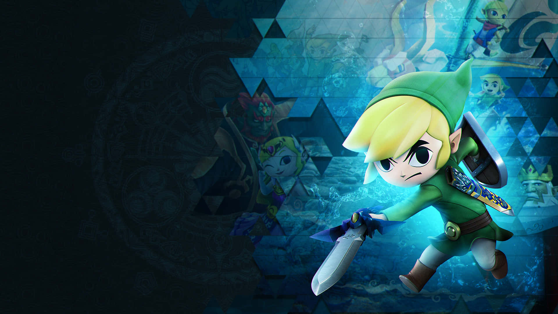 薩爾達傳說 桌布 壁紙 — Chibi Link 以動感姿態揮舞劍盾，背景為神秘的藍色三角形，並有薩爾達和加儂多夫的剪影。