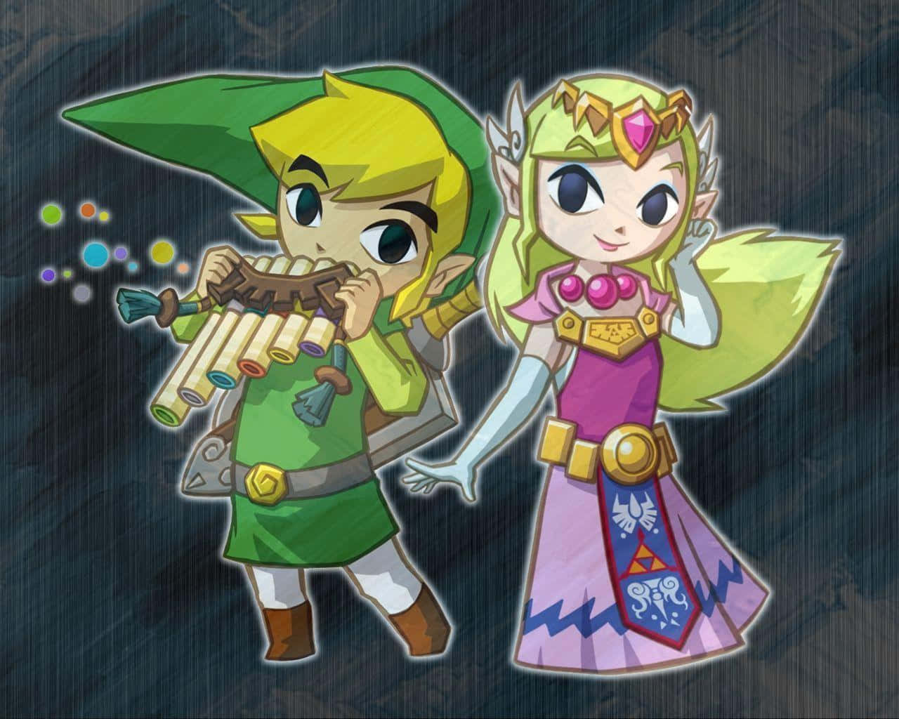 Toon Link 桌布 壁紙 — Chibi Link 吹奏陶笛，Zelda 在他旁邊微笑，背景為深色紋理。