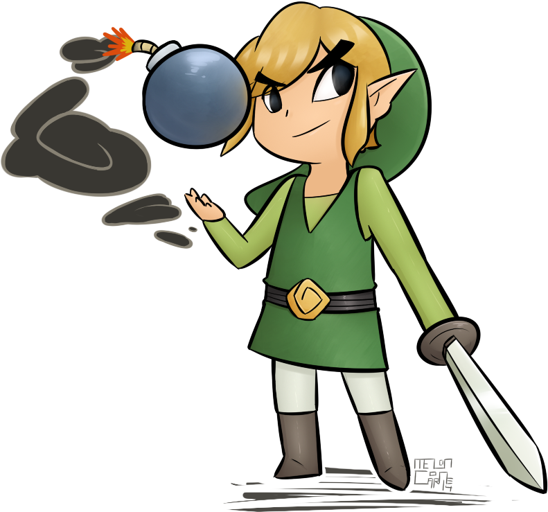 林克 桌布 壁紙 — Chibi Link 身穿綠色束腰外衣，手持冒煙炸彈，露出得意的笑容，同時揮劍，背景為黑色。