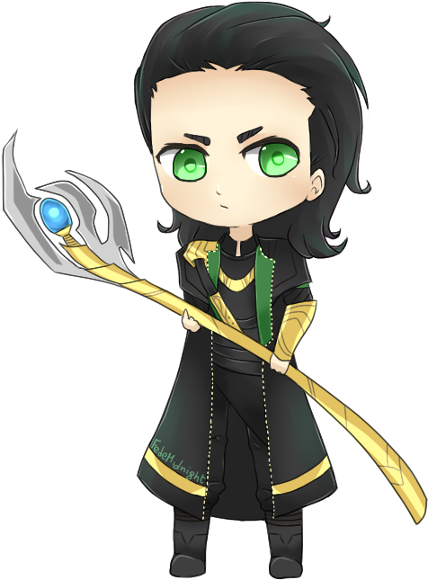 洛基 桌布 壁紙 — Chibi Loki 有綠色眼睛和黑色頭髮，在黑色背景上拿著帶有藍色球體的金色權杖。