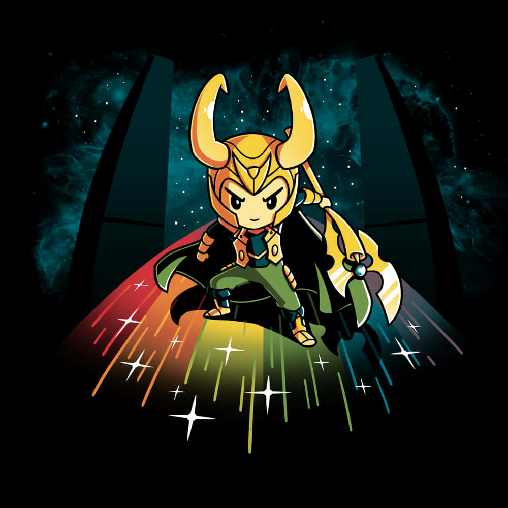 Bifrost 桌布 壁紙 — Chibi Loki 站在彩虹光束上，背景是星光燦爛的宇宙，頭上有發光的角和頑皮的笑容。