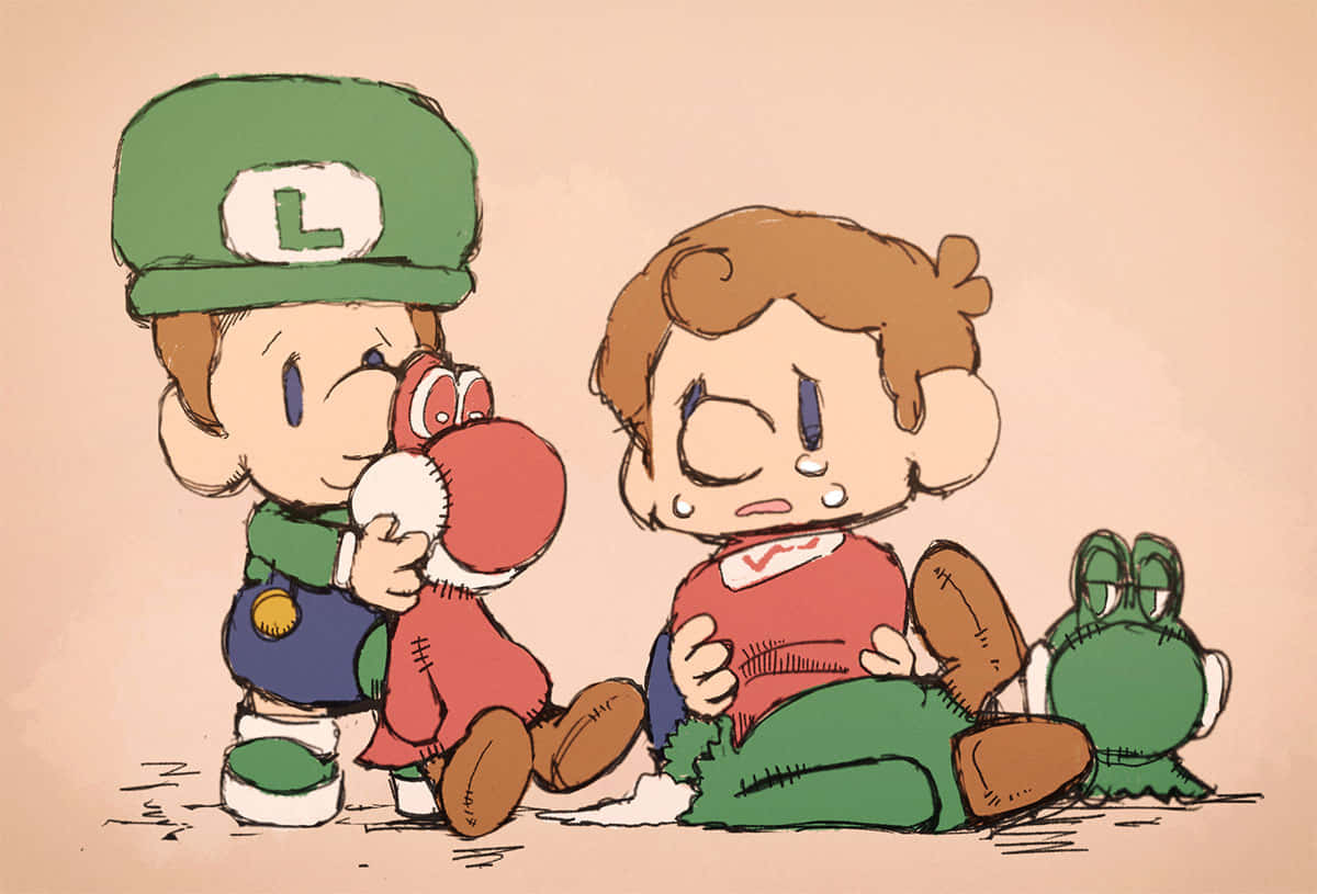 Baby Luigi 桌布 壁紙 — Chibi Luigi 安慰一個哭泣的孩子，同時抱著一個絨毛 Yoshi，附近有一個綠色青蛙絨毛玩具，背景是純桃色。