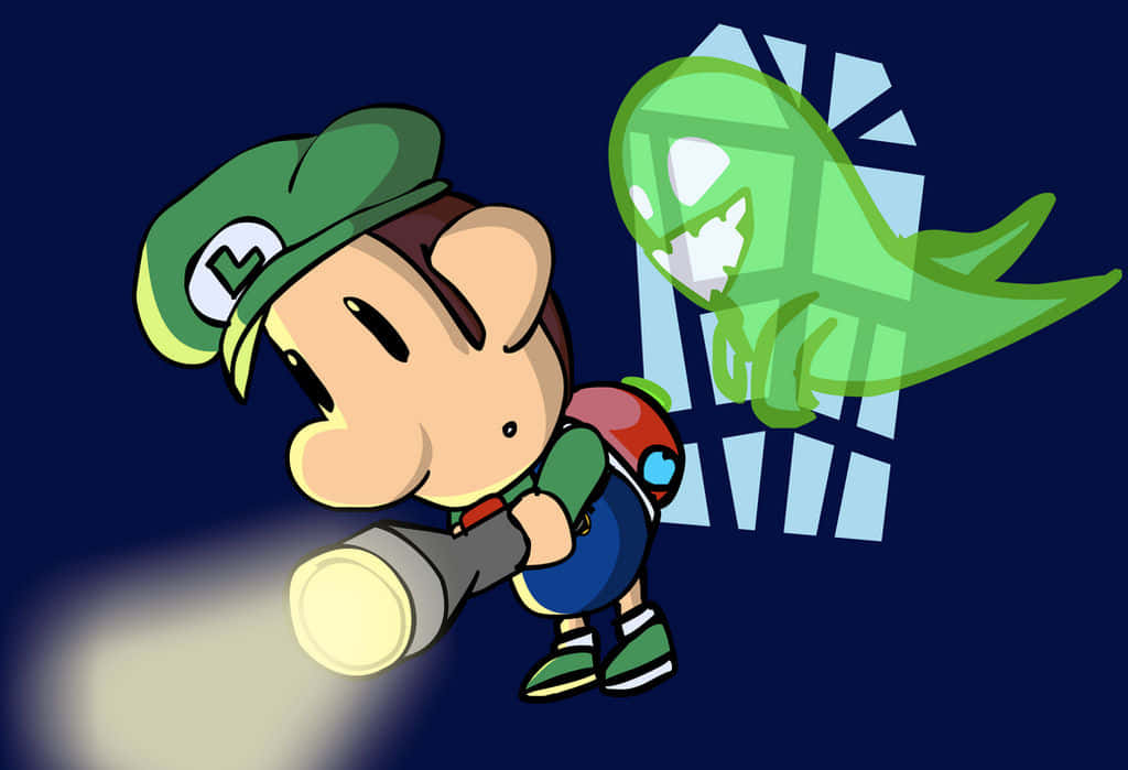 Baby Luigi 桌布 壁紙 — 夜晚，Chibi Luigi 用手電筒照射一個從鐵窗窺視的發光綠色鬼魂。