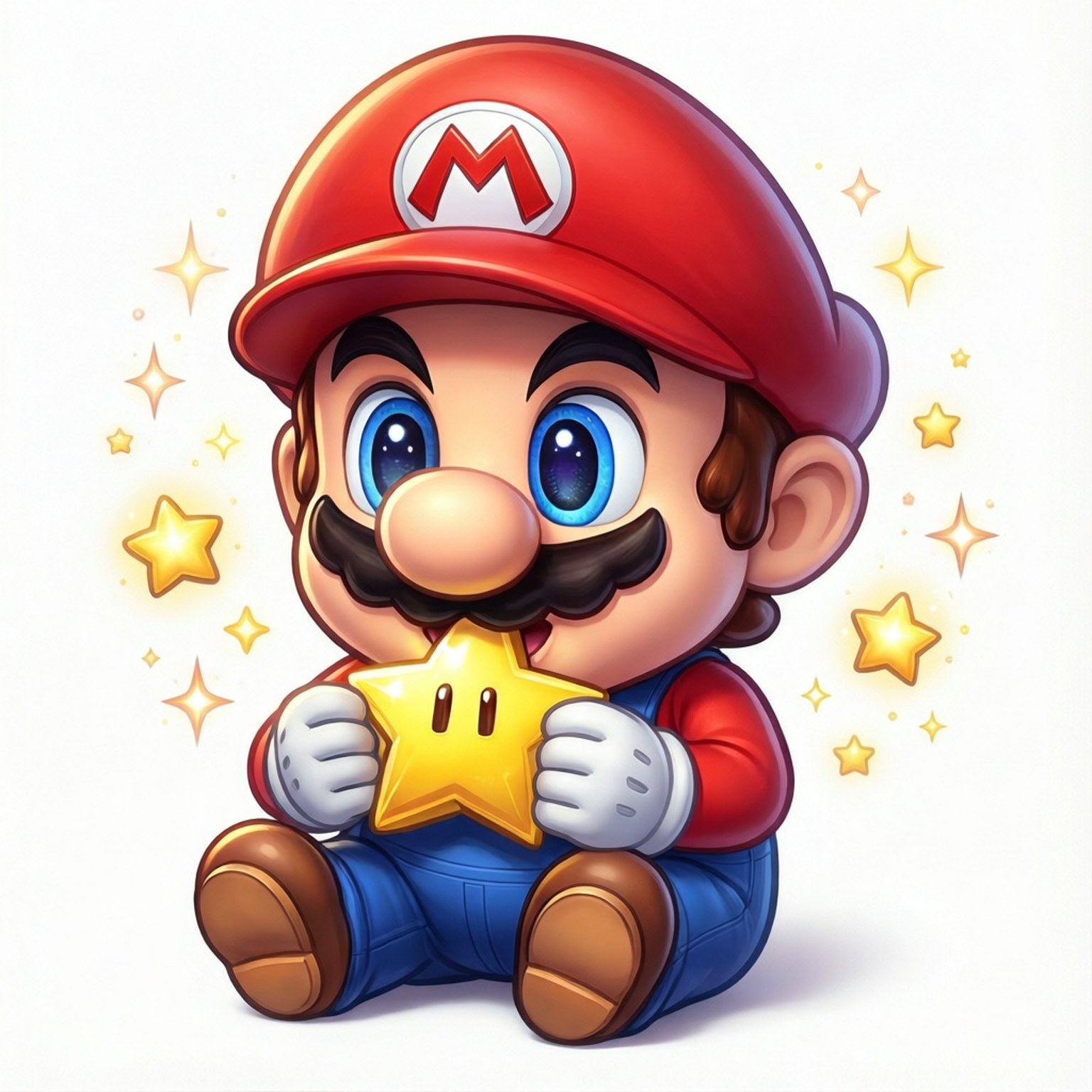 超級瑪利歐 桌布 壁紙 — Chibi Mario 開心地坐著，緊握著一顆發光的星星，周圍是閃爍的金色星星，背景是純白色。