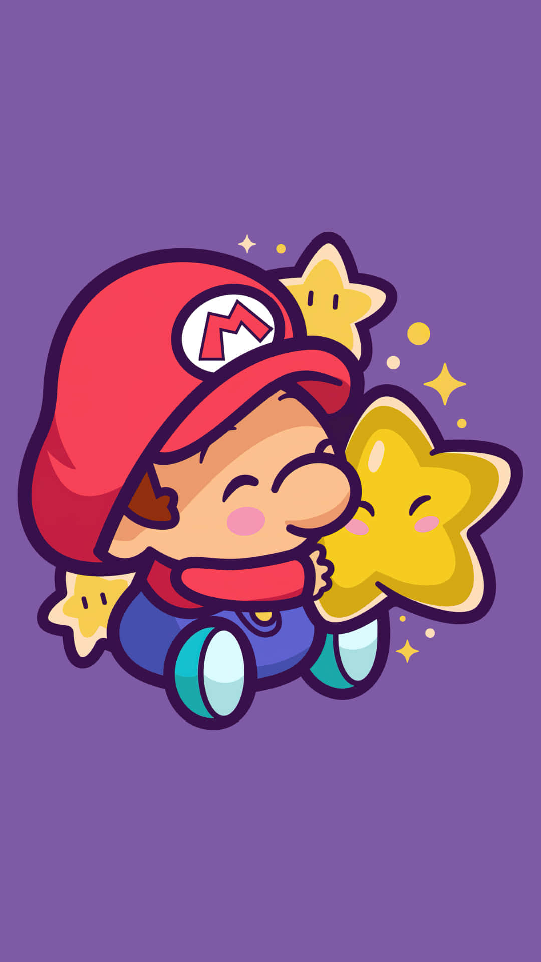  壁紙 — Chibi Mario 在純紫色背景上擁抱微笑的黃色星星，並帶有閃閃發光的效果。