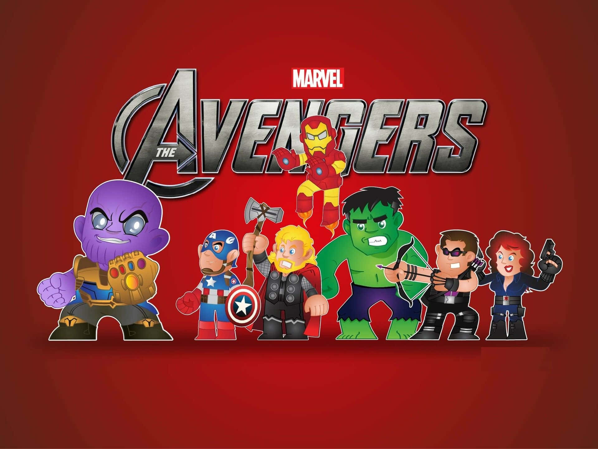 Earth's Mightiest Heroes 桌布 壁紙 — Chibi Marvel Avengers 角色在鮮豔的紅色背景上，英勇地站在醒目的復仇者聯盟標誌下方。