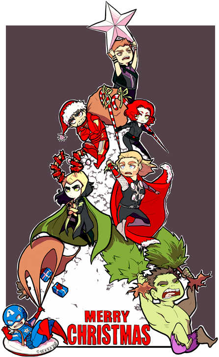 洛基 桌布 壁紙 — Chibi Marvel 英雄組成節日聖誕樹，頂部有星星和禮物，背景為深色。