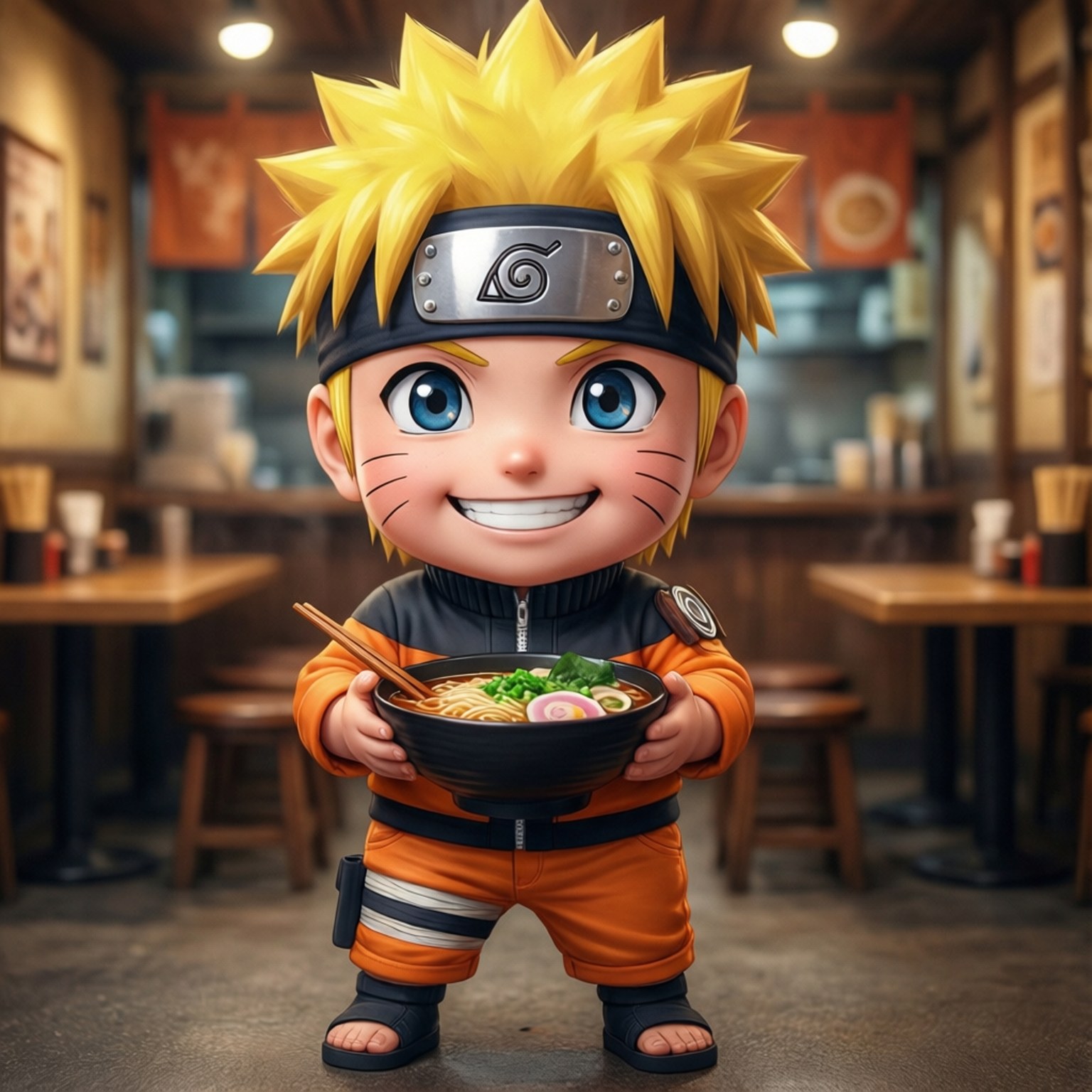 Naruto Ramen Smile 壁紙 — 一個開心的Q版鳴人穿著橙色連身衣，在溫暖的木製餐廳裡拿著一碗冒煙的拉麵。