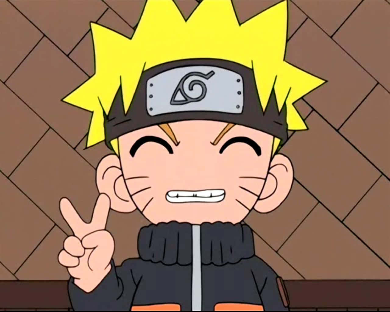桌布 壁紙 — Chibi Naruto Uzumaki 在棕色瓷磚牆前咧嘴笑，同時比出和平手勢。