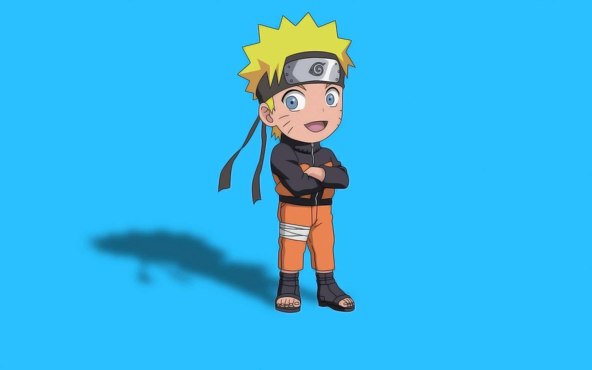 桌布 壁紙 — Chibi Naruto Uzumaki 自信地交叉雙臂站在純藍色背景前，投下柔和陰影。