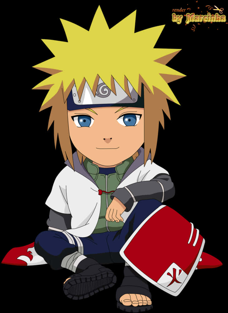動漫 桌布 壁紙 — Chibi Naruto 盤腿坐在黑色背景前，戴著標誌性的頭帶和紅色涼鞋。